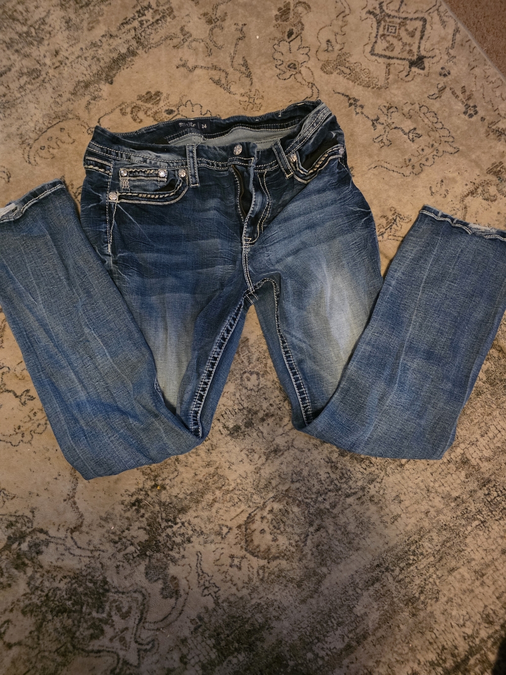 Miss Me Medium Blue Boot Cut Jeans with Distressed Whiskering